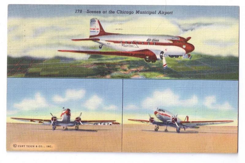 Chicago Municipal Airport Curteich Linen Postcard 1943