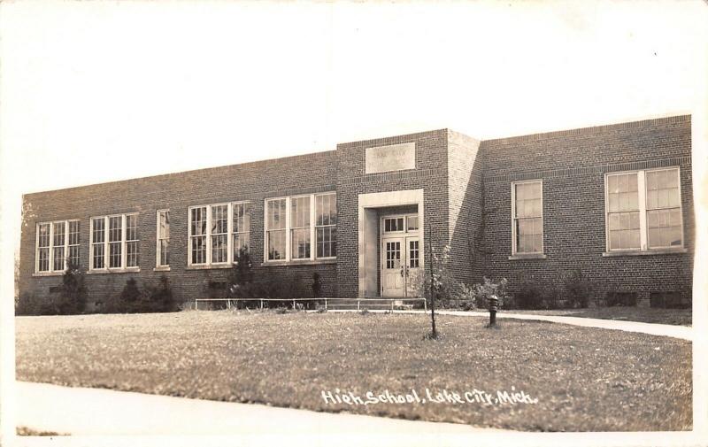 Lake City Michigan~New Art Deco High School~Young Trees~RPPC 1940s 