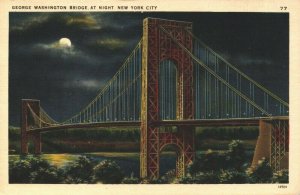 USA George Washington Bridge At Night New York City Linen Postcard 04.06