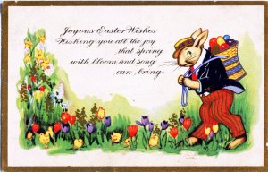 Art Deco Easter~SMARTLY DRESSED RABBIT w BASKET of COLORED EGGS~Vintage Postcard