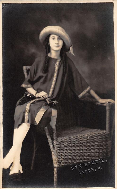 F8/ Akron Ohio RPPC Postcard c1910 Pretty Girl Chair Large Hat