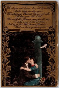 Romance, Man & Woman Kissing, Stoops & Kisses Her Red Lips Deep,Vintage Postcard