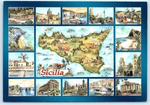 SICILY, Sicilia Italy ~ ILLUSTRATED MAP Landmarks  4¾x6¾ Cartograph Postcard