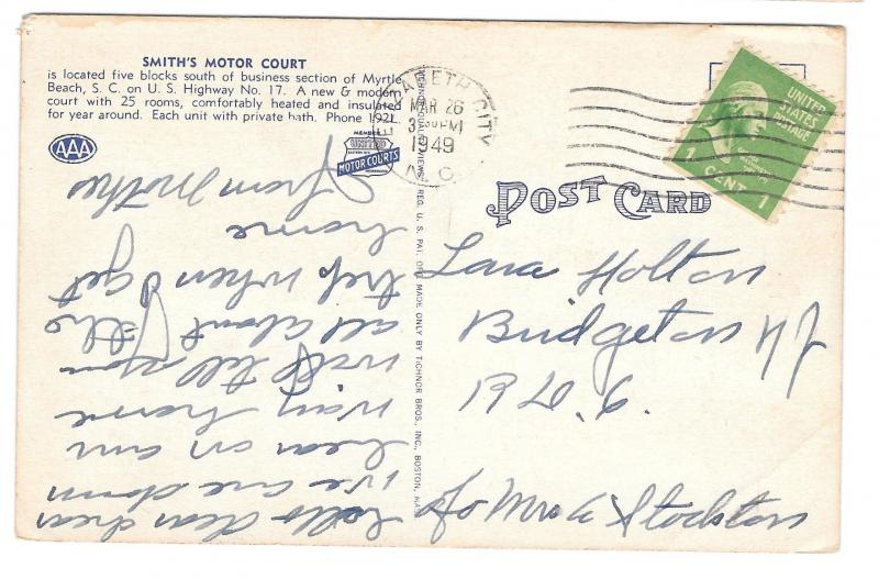 Myrtle Beach SC Smiths Motor Court Motel Cars US 17 Vintage 1949 Postard