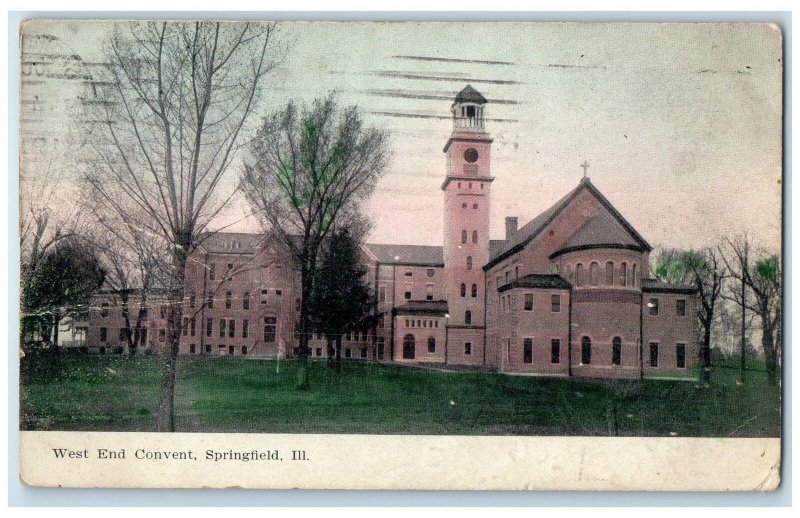 1909 West End Convent Building Tower Trees View Springfield Illinois IL Postcard
