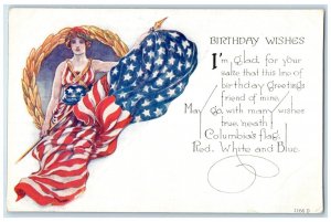 Birthday Postcard Patriotic Woman With Flag Red White And Blue c1910's Antique