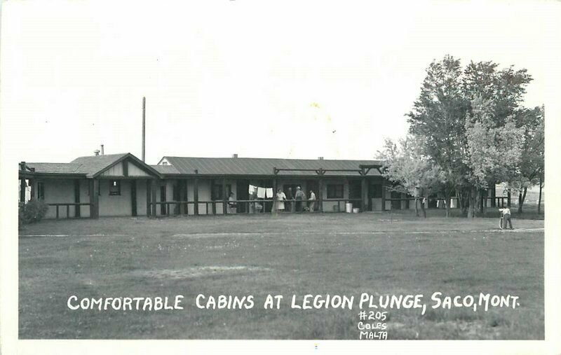 Comfortable Cabins Legions Plunge Saco Montana 1940s RPPC Photo Postcard