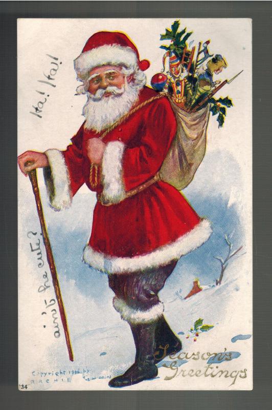 Postcard Cover Christmas  Santa Claus with Toy Bag Cane Season's Greetings