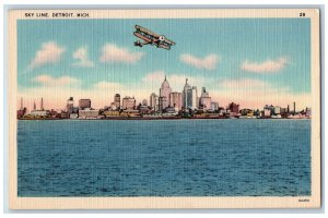 Detroit Michigan MI Postcard Sky Line Scene Airplane Aviation c1940s Buildings