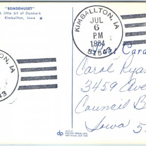 1984 Kimballton, IA Town Post Office Cancel Stamp USPO Postcard Postal City A177