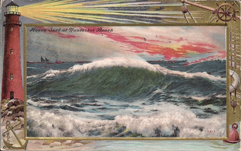 Nantasket Beach, MA, Lighthouse, Storm at Sea, 1909 Heavily Embossed, Postmark