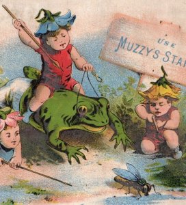 1880s Large Muzzy's Corn Starch Recipes On Back Fairies Pixies Frog Fly &W