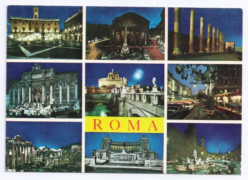 Italy Roma Multiview 9 Views at Night 4X6 Postcard