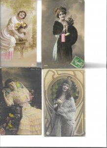 Elegant ladies Lot of four (4) old vintage French photo postcards