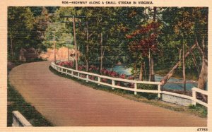 Vintage Postcard Colorful Highway Along Small Stream In Virginia Asheville Post