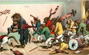 c1907 Postcard 'Finale' Dressed Monkeys Wreck Instruments & Chase Away Conductor