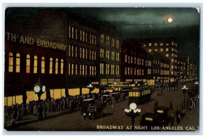 c1910 Broadway Night Moonlight Streetcar Los Angeles California Vintage Postcard