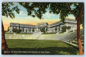 1951 EL Paso Texas TX Vintage Postcard High School Stadium Building Field Trees