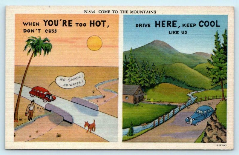 3 Comic Postcards COME TO THE MOUNTAINS Tempting Weather ca 1940s Linens