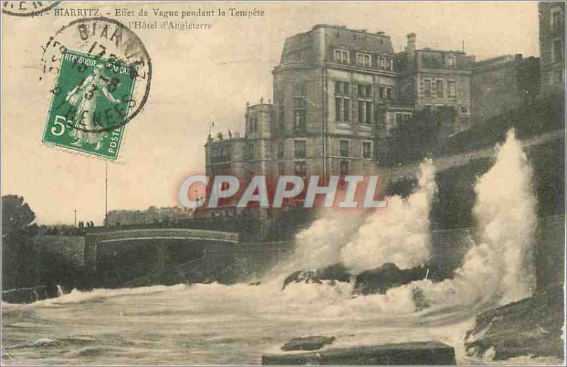 Old Postcard Biarritz Effect Wave during the Storm in front of the Hotel d'An...