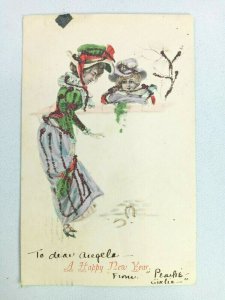 A Happy New Yea Drawing 1906 Glitter Textured Antique Postcard
