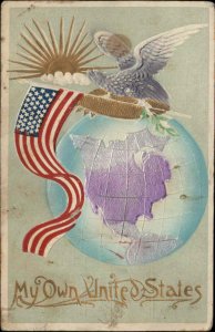 My Own United States Globe American Flag Embossed Airbrushed c1910 PC