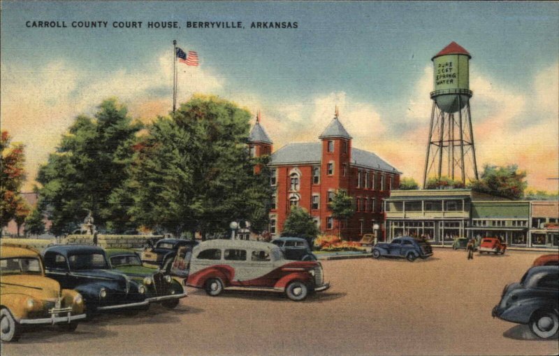 Berryville Arkansas AR Classic Cars Street Scene Linen Vintage Postcard
