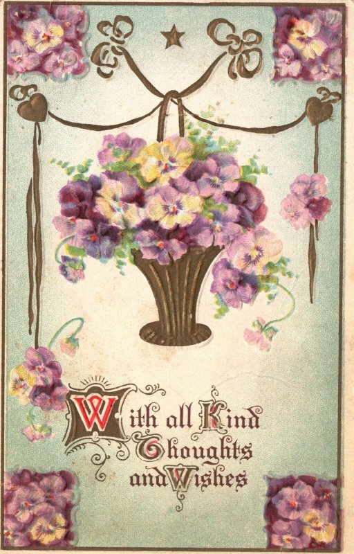 Kind Thoughts And Wishes Forget Me Nots Flower Border Card Vintage Postcard