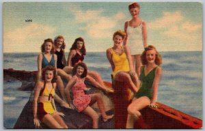 Pretty Girls 1940s Linen Postcard Eight Girls Swimsuits at The Beach