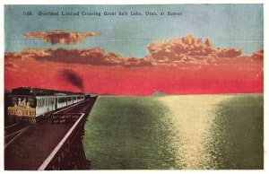 Vintage Postcard 1920's Overland Limited Crossing Great Salt Lake Utah At Sunset