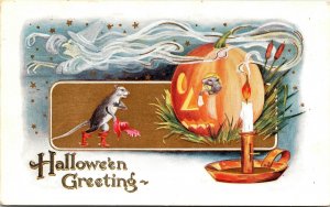 Vintage Anthropomorphic Romantic Mice Couple, JOL & Witch Halloween Postcard
