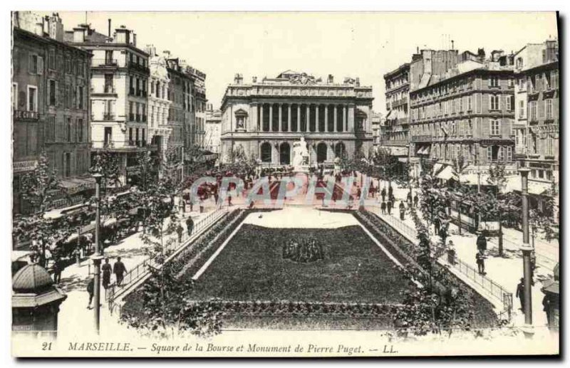 Old Postcard Marseille Square of the Bourse and Pierre Puget Mopnument