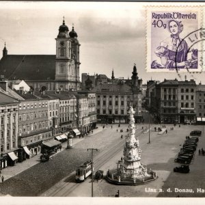 1949 Linz Austria Hauptplatz Square RPPC Postcard Holy Trinity Tram Danube