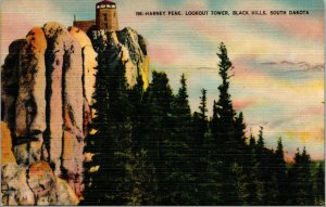 Vtg Harney Peak Lookout Tower Black Hills South Dakota SD Unused Linen Postcard