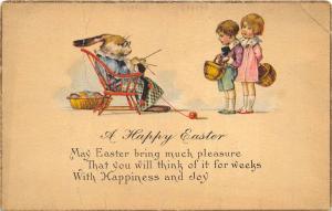 EASTER GREETINGS 1920-30s Postcard Children Visit Grandma Rabbit 