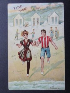Ellay: Bathing Belle Theme TIDE 'TIED' Young Lady & Gent run into the Sea c1913
