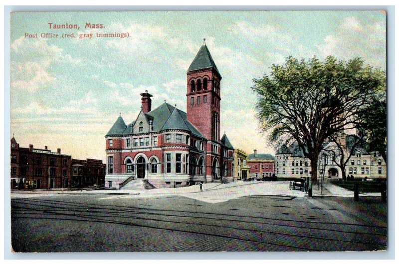 c1950's Post Office Horse Carriage Rail Road Buildings Trees Taunton MA Postcard