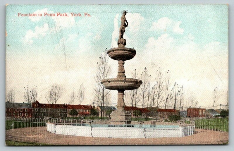 York Pennsylvania~Penn Park Fountain~Homes Apartment Houses In Background~c1910 