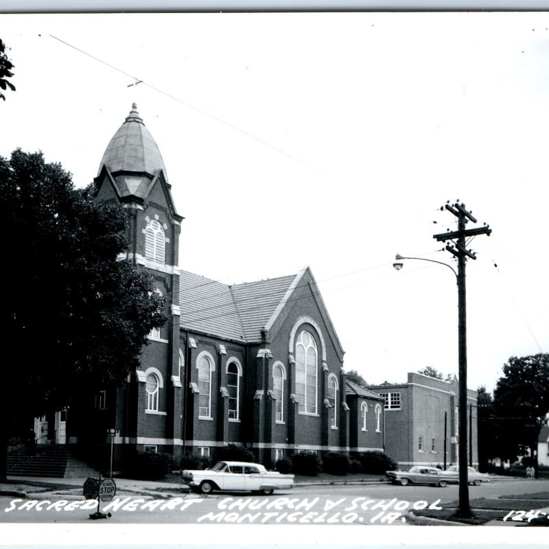 c1950s Monticello, IA RPPC Sacred Heart Church & School Real Photo Postcard A108