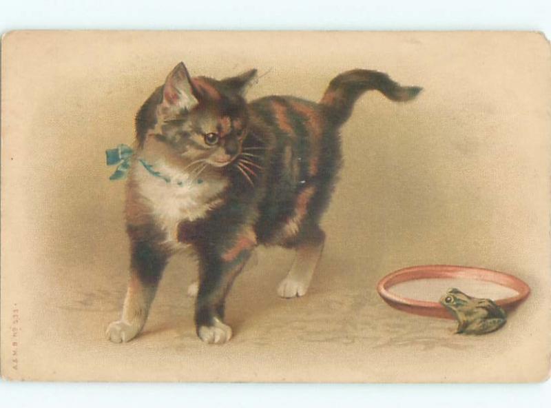 Pre-Linen CUTE KITTEN CAT LOOKING AT FROG BY THE MILK SAUCER AC5509