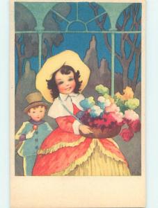 Pre-Linen foreign signed BOY WATCHES GIRL CARRY HER FLOWER BASKET HJ4393