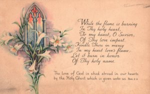 Vintage Postcard Prayer Religious Phrase Love Of God In Our Hearts Window Flower