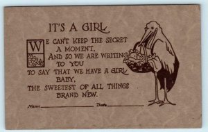 Arts and Crafts STORK GIRL BIRTH ANNOUNCEMENT J. Raymond Howe c1910s Postcard