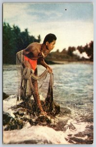 Hawaii~Color Photo Of Net Fisherman On The Kona Coast Scene~Vintage Postcard