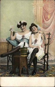 Risque Beautiful Women Scant Clothing Champagne Lesbians c1910 Postcard