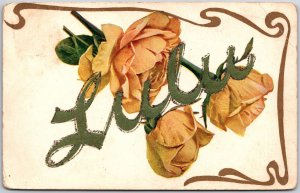 1908 Yellow Roses, Lulu Calligraphy Name, Floral Flowers Bouquet, Postcard