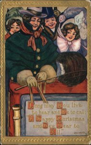 Christmas Fancy Men Pretty Women Car Gilt Embossed c1900s-20s Postcard