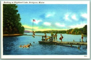 Bathing at Highland Lake Bridgton Maine ME UNP Unused Linen Postcard I8