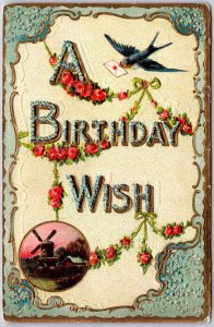 A Happy Birthday Wish Greetings Bird Flowers Windmill Postcard