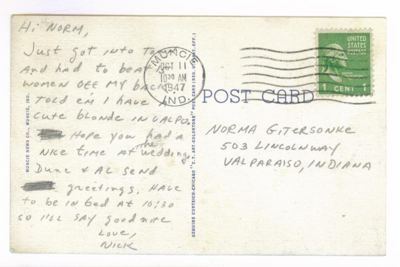 Muncie to Valparaiso, Indiana 1947 used Postcard, Ball State College